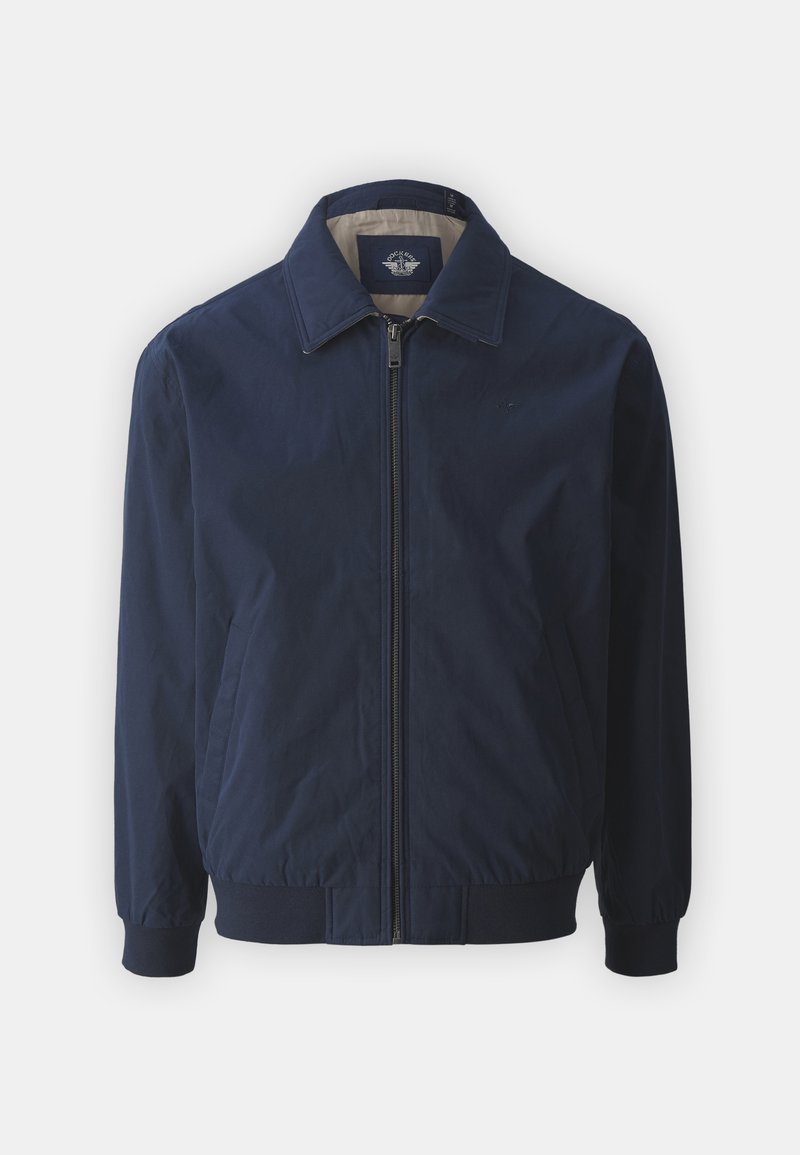 Giacca bomber blu navy con zip frontale, colletto aderente e polsini elastici. Caratterizzata da un tessuto liscio e tasche laterali.
