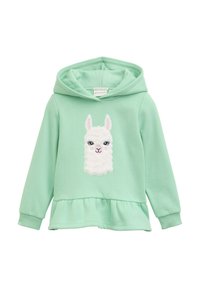Felpa per bambini verde menta con orlo arricciato e un design testurizzato di un volto di lama bianco sulla parte anteriore.