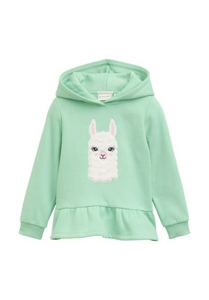 Mint green children's hoodie with a ruffled hem and a textured white llama face design on the front.
