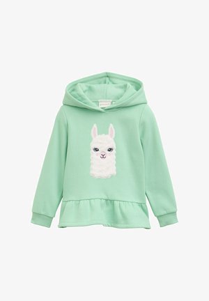 Mintgroene kinderhoodie met een gerimpelde zoom en een textuur van een witte lama-gezichtsontwerp aan de voorkant.