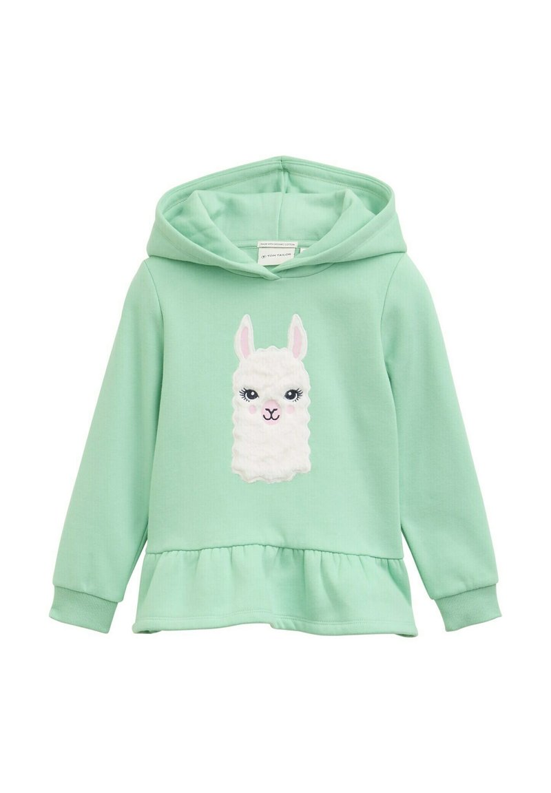 Felpa per bambini verde menta con orlo arricciato e un design testurizzato di un volto di lama bianco sulla parte anteriore.