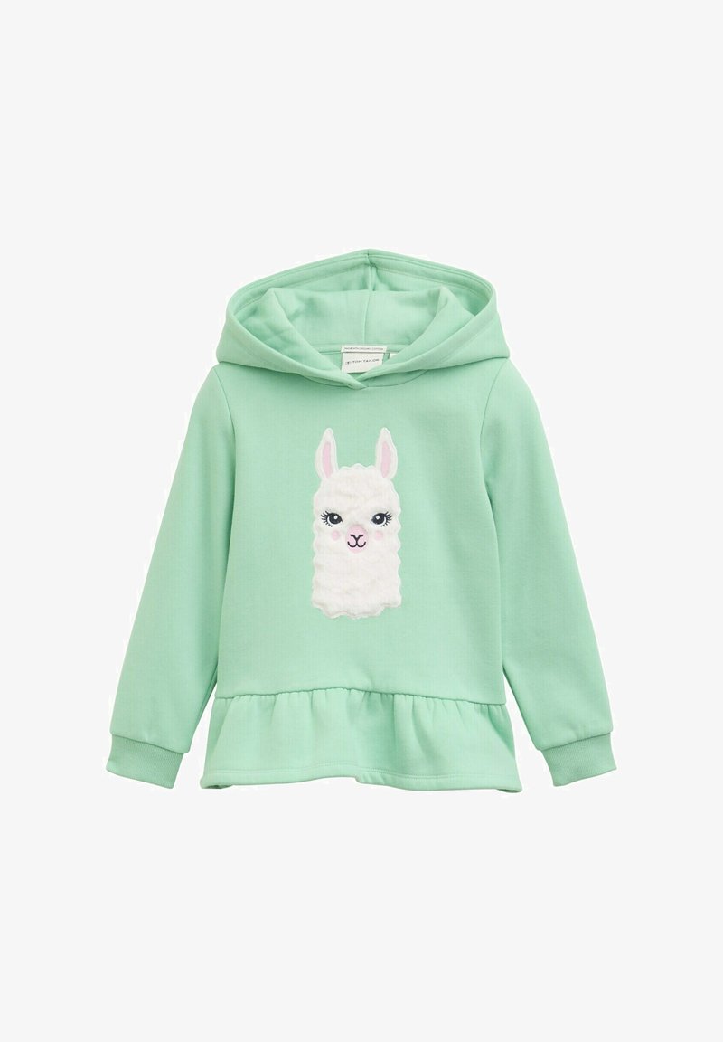 Felpa per bambini verde menta con orlo arricciato e un design testurizzato di un volto di lama bianco sulla parte anteriore.