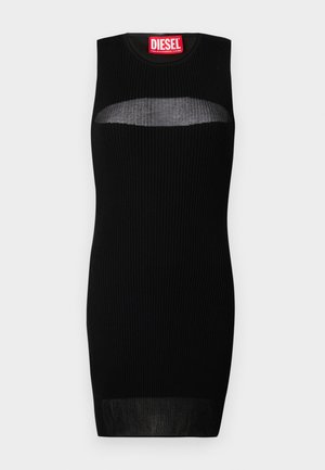 Black sleeveless dress with ribbed texture, featuring a semi-transparent cut-out at the chest. Label reads "DIESEL" in bold red.