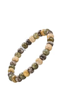 Round bead bracelet featuring various natural stone colors, including green, brown, and beige, with a silver accent detailing the brand name.