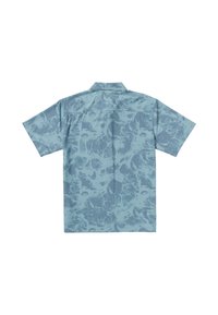 Short-sleeve shirt in light blue featuring a marbled pattern. Material appears smooth; includes a pointed collar and back yoke.