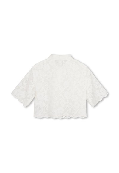 Biała krótka bluzka z krótkimi rękawami, o kwiatowej koronkowej fakturze, z kołnierzykiem i falowanym dołem. Lekka tkanina z delikatnym wzorem.