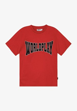 Red cotton t-shirt with a crew neck, short sleeves, and bold black text reading "WORLDPLAY" in an arched design across the front.