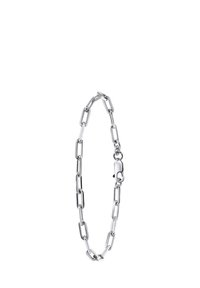 Zilveren kettingarmband gemaakt van verlengde schakels met een gepolijste afwerking, voorzien van een veilige sluiting. Eenvoudig en geometrisch ontwerp.