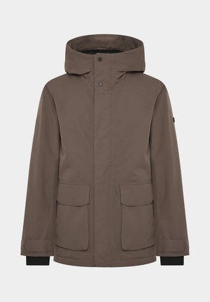 Braune wasserdichte Jacke mit Kapuze, Druckknopfverschlüssen, zwei frontalen Taschen und gerippten Bündchen für zusätzliche Wärme und Komfort.