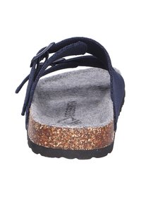 Sandalo blu scuro con tomaia in tessuto, suola intermedia in sughero, soletta in feltro grigio, punta aperta e cinturino regolabile per una vestibilità sicura.
