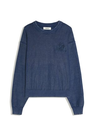 Blauer langärmeliger Strickpullover mit gerippten Bündchen und Saum, rundem Ausschnitt und "Fresh Angel" auf der linken Brust gestickt.