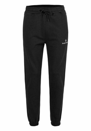Zwarte joggingbroek met elastische tailleband en boorden, trekkoord en klein wit Sergio Tacchini-logo op de linker dij.