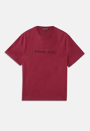 T-shirt in cotone bordeaux con scollatura a girocollo e logo "MICHAEL KORS" in rilievo sulla parte anteriore. Maniche corte, design semplice.