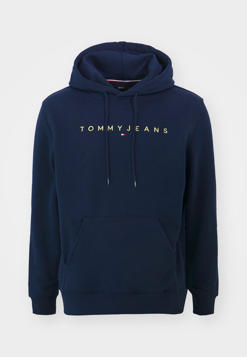 Marineblaue Kapuzenjacke aus Baumwolle mit einer Vordertasche, Kordelzugkapuze und gelbem "TOMMYJEANS"-Logo über der Brust.