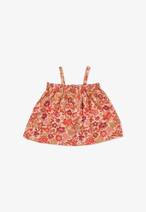 Robe sans manches pour tout-petit avec imprimé floral rose et orange, dotée de fines bretelles et d'un col froncé élastiqué.