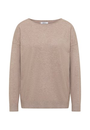 Lys beige strikket sweater med en afslappet pasform, bådhals, sænkede skuldre og lange ærmer. Glat tekstur og ribbet kant.