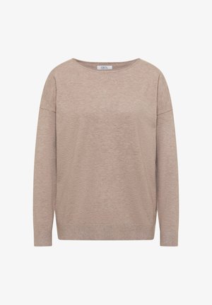 Light beige knitted sweater with a relaxed fit, boat neck, dropped shoulders, and long sleeves. Smooth texture and ribbed hem.