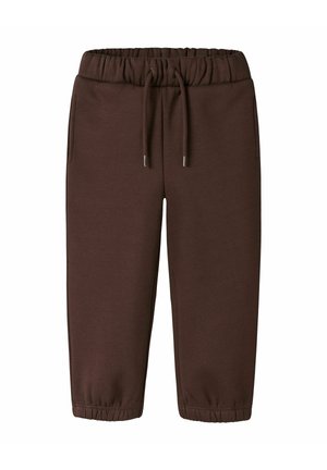 Pantalon de jogging marron à taille élastique avec cordon et poignets élastiques, présenté de face sur fond blanc.