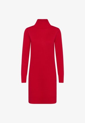 Raudona aptempta suknelė su ilgomis rankovėmis, pagaminta iš minkštos, elastingos mezginio medžiagos; turi raukšlėtą apykaklę ir rankogalius, tiesią siluetą.