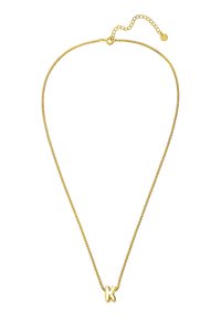 Náhrdelník z kovu v zlatistom odtieni so štíhlym retiazkou a príveskom, ktorý zobrazuje písmeno "K". Nastaviteľná dĺžka retiazky s malým zapínaním.