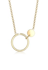 Gold necklace featuring a circular pendant linked to a smaller round charm, with a delicate chain and polished finish.