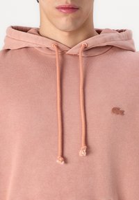 Sudadera rosa hecha de tela suave, con cordones, un bolsillo tipo canguro y un pequeño logo bordado en el pecho.