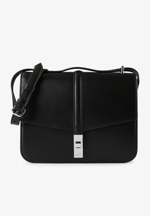 Schwarze, strukturierte Leder-Umhängetasche mit verstellbarem Riemen und silberner, rechteckiger Schnappverschluss-Front, geprägt mit "JOOP!".