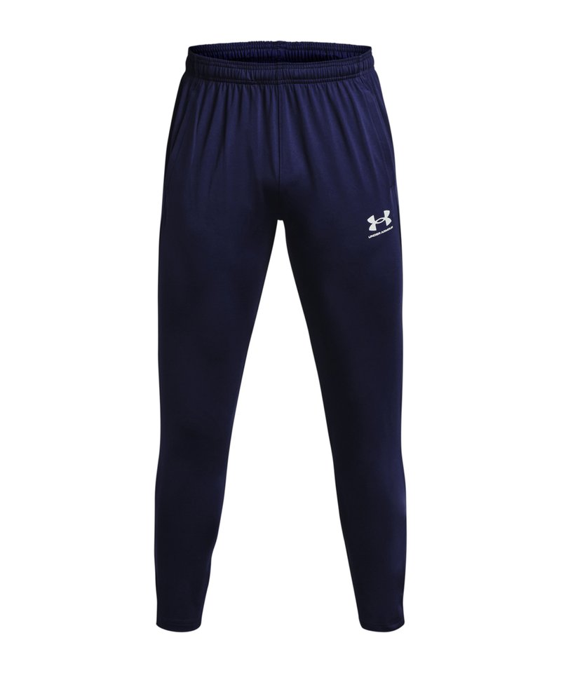 Navy blue athletic pants made of soft fabric, featuring an elastic waistband and a white logo on the left thigh. Tapered leg design.