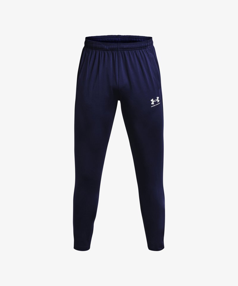 Calças de desporto azul marinho feitas de tecido suave, com um cós elástico e um logótipo branco na coxa esquerda. Design de perna tapered.