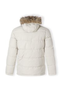 White puffer jacket with a faux fur hood, featuring a quilted design and long sleeves, shown from the back. Smooth texture.