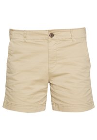 Shorts kaki en coton, dotés d'une fermeture à boutons, de poches avant et d'un ourlet cousu. Le tissu présente une texture lisse et une légère brillance.