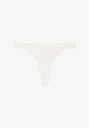 White textured thong-style underwear with a narrow waistband and high-cut leg openings, shown flat on a white background.