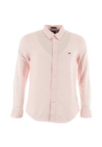 Chemise à manches longues à rayures roses avec col. Présente un petit logo sur la poitrine gauche et une coupe standard. Le tissu semble lisse.