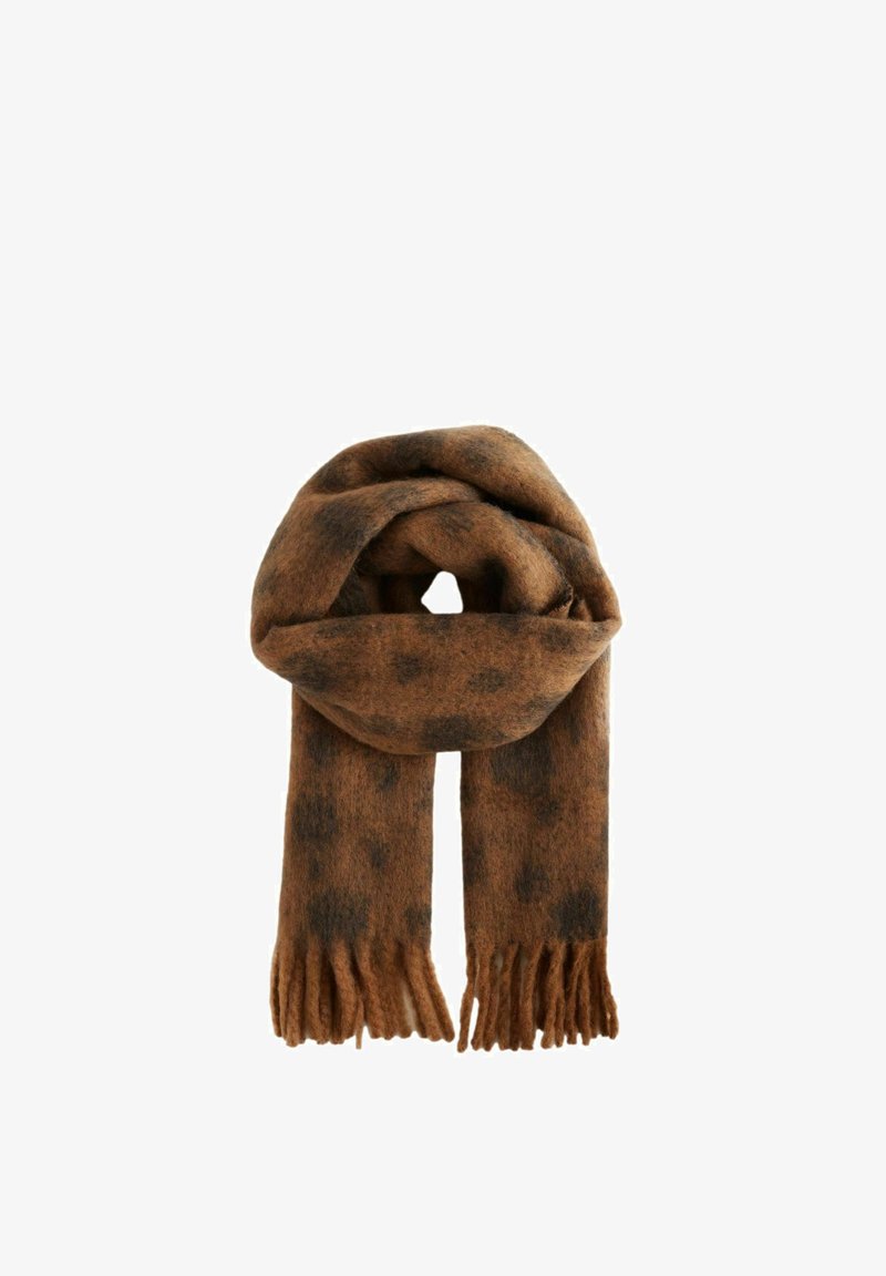 Ruskea ja musta pilkullinen huivi, joka on valmistettu pehmeästä kankaasta; siinä on huopareunat ja kiedottu muoto, joka sopii kerroksittain käyttöön.