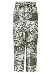 Olijfgroene, wijde broek met een drawstring taille. Kenmerkt zich door een wit palmenbladpatroon. Gemaakt van lichte, soepele stof.