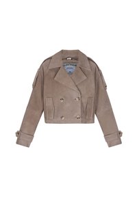 Giacca in suede taupe tagliata, con bottoni doppi, colletto a risvolto, spalline e dettagli sui polsini.