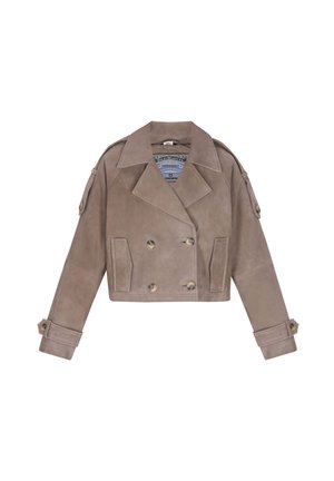 Gekürzte taupefarbene Wildlederjacke mit doppelreihigen Knöpfen, Eingrifftaschen, Schulterklappen und Manschettendetails.