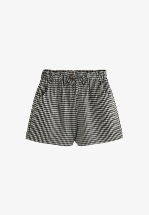 Schwarz-weiße Hahnentritt-Muster-Shorts mit elastischem Bund, einer Knopfleiste vorne und seitlichen Taschen. Aus Baumwollmaterial, mittellange bis zum Oberschenkel.