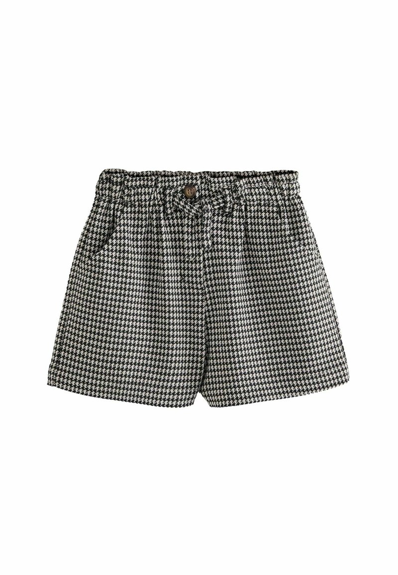 Sorte og hvide houndstooth-mønstrede shorts med elastisk talje, en frontknap og sidelommer. 100% bomuldsmateriale, midt-lår længde.
