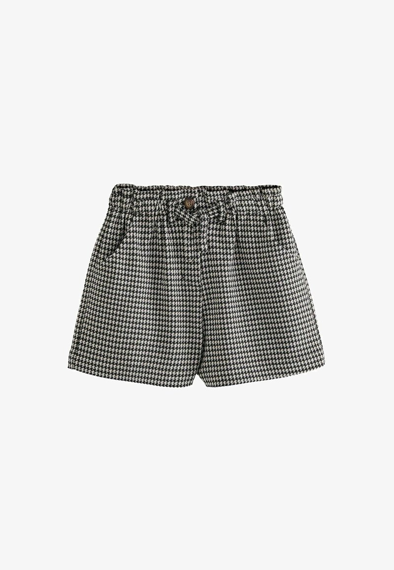 Black and white houndstooth patterned shorts with an elastic waistband, a front button, and side pockets. Cotton material, mid-thigh length.