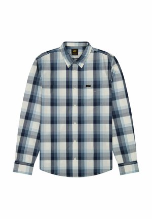 Pitkähihaisen ruudullisen paidan sinivalkoiset sävyt. Säädettävä kaulus, etutasku ja kankaassa on vuorotellen nauhoja.