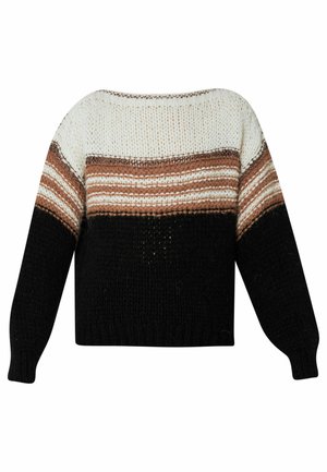 Maglione morbido in maglia con strisce orizzontali nei colori crema, ruggine e nero. Forma ampia con maniche larghe e tessuto testurizzato.
