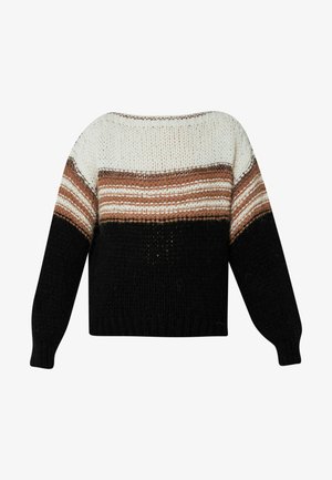 Maglione morbido in maglia con strisce orizzontali nei colori crema, ruggine e nero. Forma ampia con maniche larghe e tessuto testurizzato.