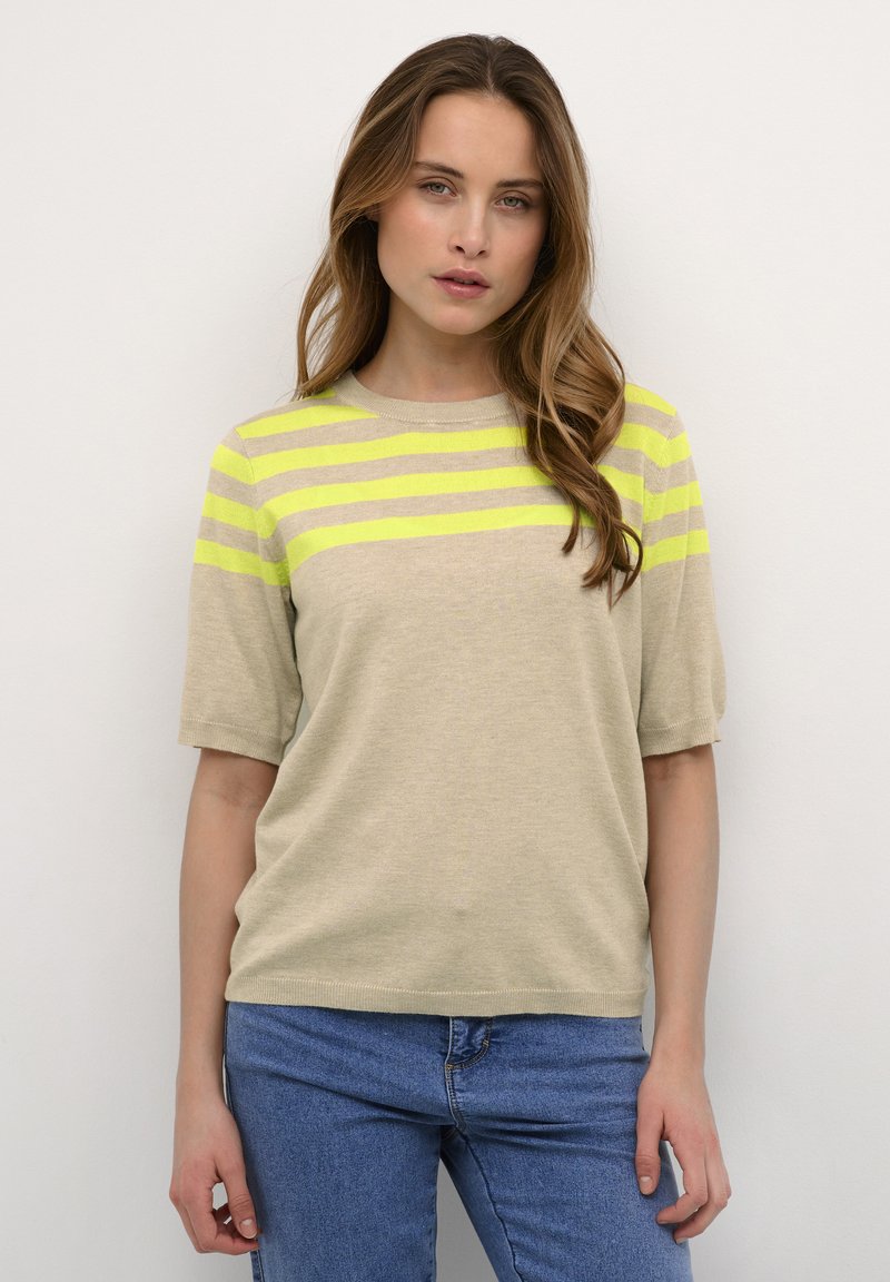 Kaffe - MILO  - T-shirt med print - sand melange lime half stripe, Förstora