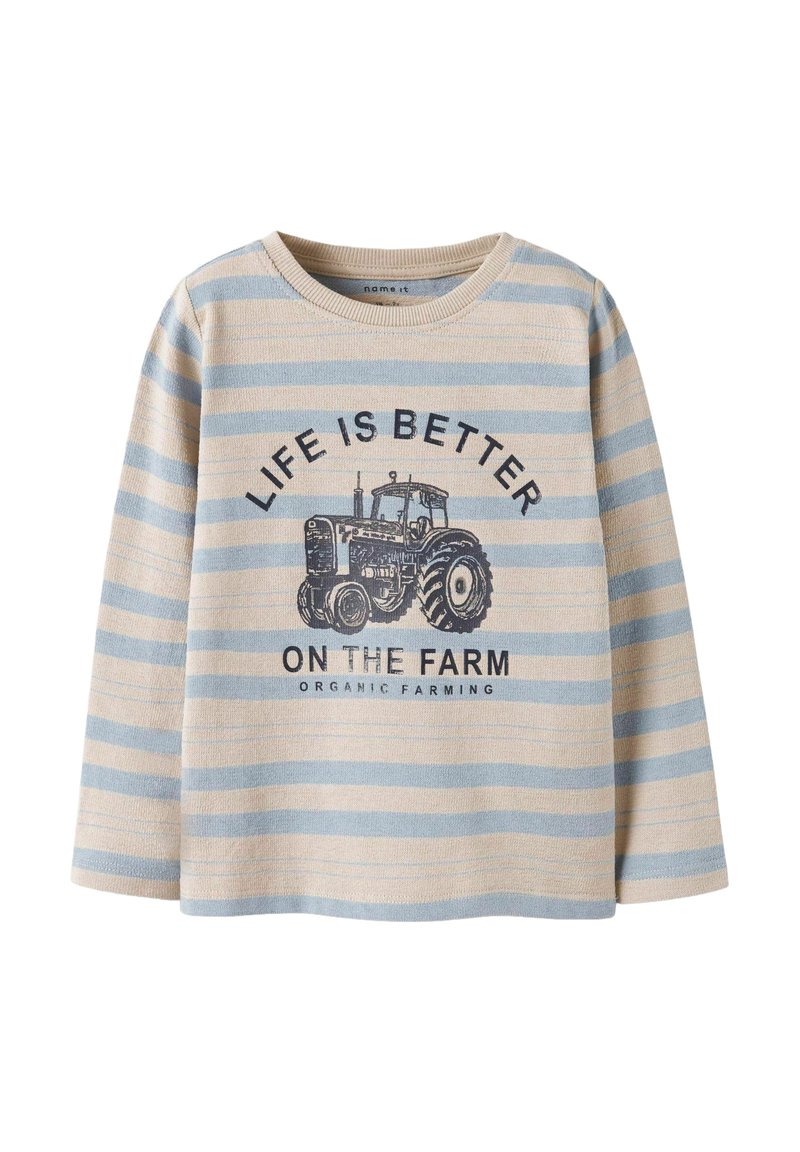 Beżowa i jasnoniebieska koszula z długim rękawem w paski, z grafiką traktora i napisem "Życie jest lepsze na farmie" w granatowym kolorze.