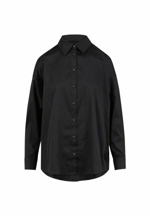 Zwart hemd met lange mouwen van gladde stof, voorzien van een puntkraag, volledig knoopsluiting aan de voorkant en een ontspannen pasvorm met een afgeronde zoom.