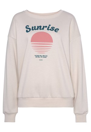 Hellbeige Sweatshirt mit lockerer Passform, versehen mit einem Grafikdesign eines rosa Sonnenaufgangs und blauer Schrift, aus weichem Stoff mit gerippten Bündchen.