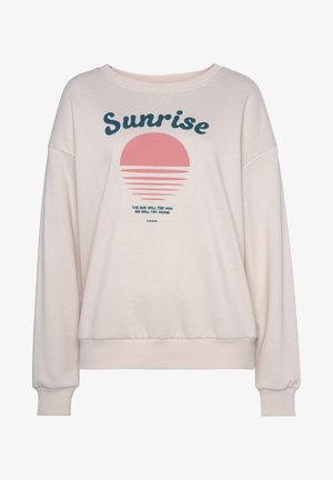 Lichtbeige sweatshirt met een losse pasvorm, voorzien van een afbeelding van een roze zonsopgang en blauwe tekst, gemaakt van zachte stof met geribbelde manchetten.