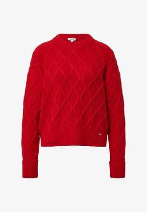 Suéter de punto rojo con un patrón de diamantes, dobladillo y puños amplios acanalados, y cuello redondo. Hecho de hilo texturizado.