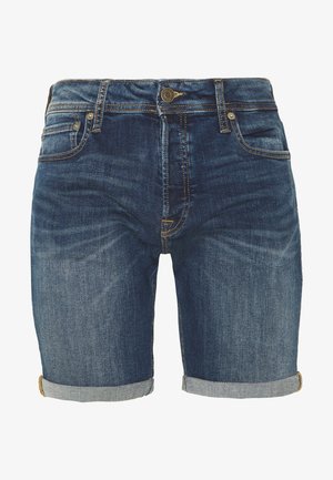 Denim-blaue Shorts mit umgeschlagenen Säumen, vorderem Knopf und Reißverschluss, Vorder- und Münztaschen sowie gelben Steppnähten.